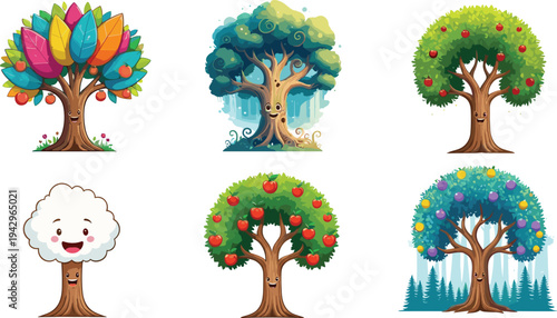 Collection of cute cartoon fantasy trees with smiling faces, colorful leaves, fruits and playful design, vector illustration for children artwork.