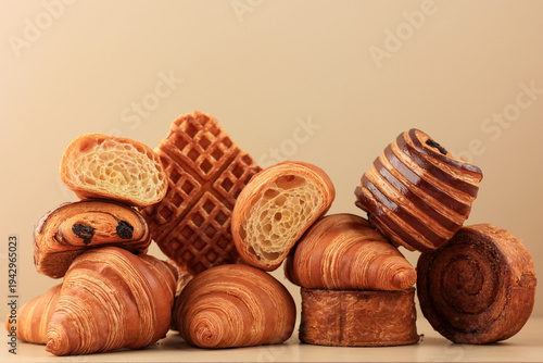 Stacked Various Freshly Baked Pastries on Light Brown Background