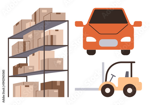 Logistics, delivery, inventory management, transportation services, warehouse organization, supply chain. Stacked shelves, forklift and vehicle . Logistics and delivery service concepts