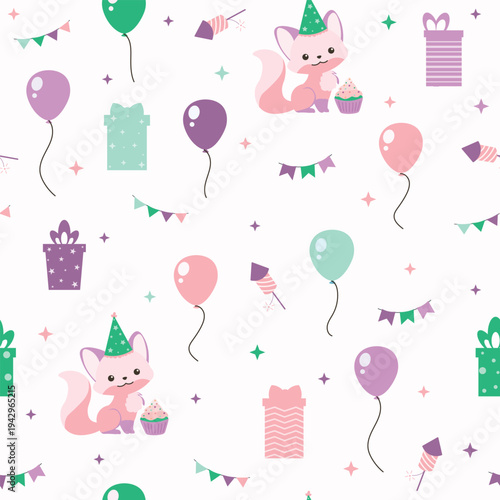 Happy birthday seamless pattern with cute cartoon character vector illustration, celebration, kids, baby, gift, wrapping paper, party, repeat pattern