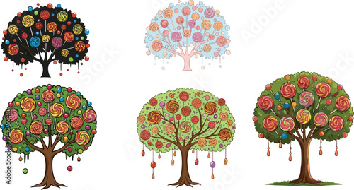 Colorful candy trees with lollipops and sweets growing on branches, fantasy dessert illustration, creative sweet nature concept vector artwork design