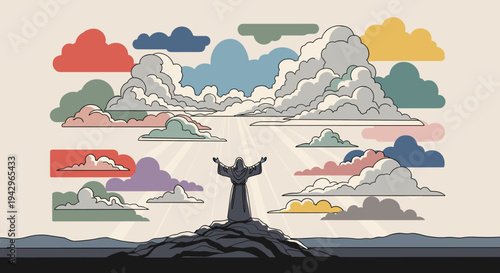 A majestic figure with outstretched arms stands on a rocky outcrop, surrounded by colorful clouds in a modern flat style