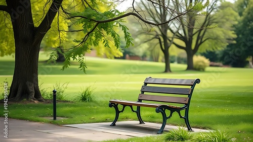 A serene park bench sits empty amidst lush greenery under natural daylight.