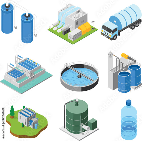 Isometric water treatment plant equipment set including filtration tanks, purification systems, wastewater facility, storage reservoirs and tanker truck illustration