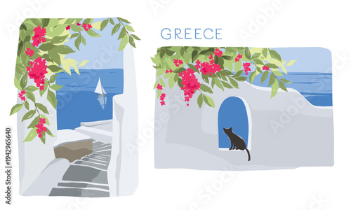 Greece -- streets and sea view, white city. Cityscape, Greek island, Black cat looking at the sea. Vector illustration, postcard, hand drawn author's drawing. 