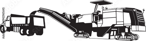 Construction paver machine loading material into dump truck side view black and white industrial.