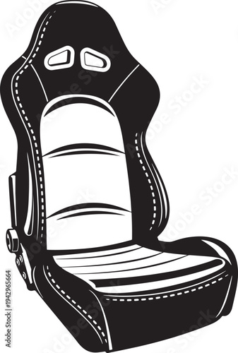 Black racing car seat, bucket seat, sports car interior, ergonomic design, automotive detail.