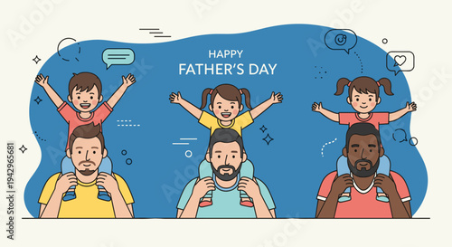A cheerful illustration depicting families celebrating Father's Day with children on their shoulders in a modern, flat style