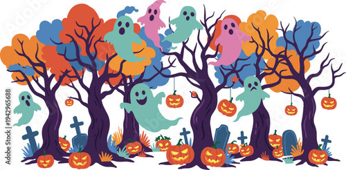 Colorful Halloween forest scene with cute ghosts flying through autumn trees jack o lantern pumpkins tombstones graveyard vector illustration banner