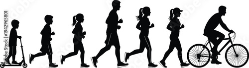 Black Silhouette Collection of People Running Cycling and Riding Scooter for Active Healthy Lifestyle Fitness Vector Illustration Isolated on White