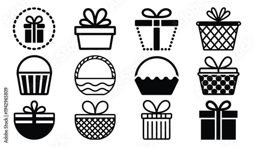Gift basket icon, black hamper silhouette with presents boxes and bows vector illustration, shopping birthday holiday Christmas giveaway celebration symbol