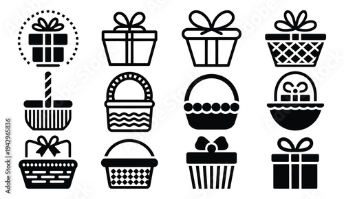 Gift basket icon, black hamper silhouette with presents boxes and bows vector illustration, shopping birthday holiday Christmas giveaway celebration symbol