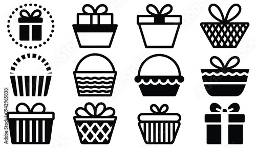 Gift basket icon, black hamper silhouette with presents boxes and bows vector illustration, shopping birthday holiday Christmas giveaway celebration symbol
