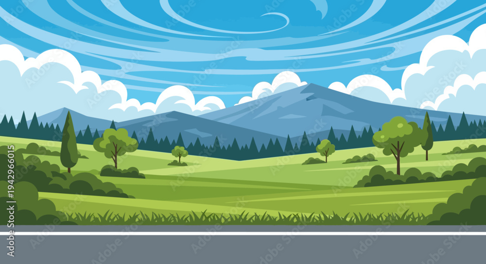 Fototapeta premium Cartoon landscape with green field, trees, and mountains under blue sky with white clouds