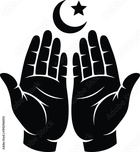 Islamic prayer hands silhouette with crescent moon and star, minimalist black icon symbolizing Ramadan, Eid, dua, faith, worship, spirituality isolated on white background