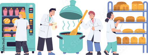 Professional bakery workers preparing fresh bread and pastries in industrial kitchen with oven mixer racks teamwork baking production process illustration