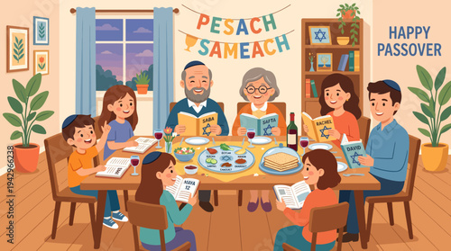 Multi-generational Jewish family enjoying a joyful Passover Seder celebration, sharing stories, food, and traditions around the dinner table, fostering togetherness and heritage