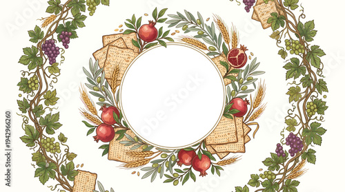 Illustrative harvest frame with matzah, wheat, pomegranates, and olive branches, symbolizing tradition and abundance, on a pristine white background