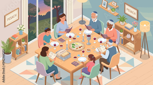 A Jewish Family Celebrates Passover Seder Together Around a Dining Table