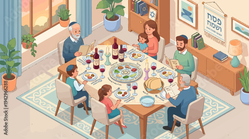 Family Gathering for a Traditional Passover Seder Meal with Symbolic Foods and Rituals