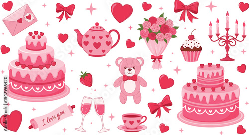 Valentine Day romantic elements collection with pink cake teddy bear and flowers cad drawing flat vector illustration for wedding celebration.