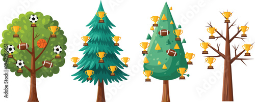 Creative sport trophy trees illustration with football, soccer ball, basketball, award cups, competitive victory concept, sports achievement decorative design