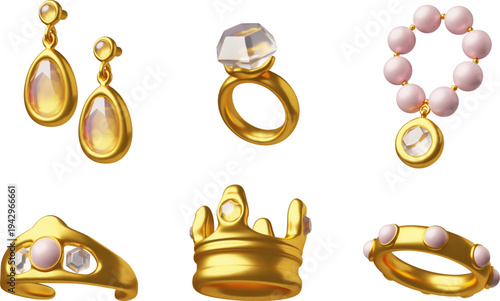 Luxury jewelry elements vector 3D collection, golden ring, crown, earrings, necklace and bracelet with gemstone, diamond