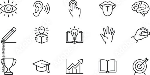 A collection of educational icons representing learning and knowledge