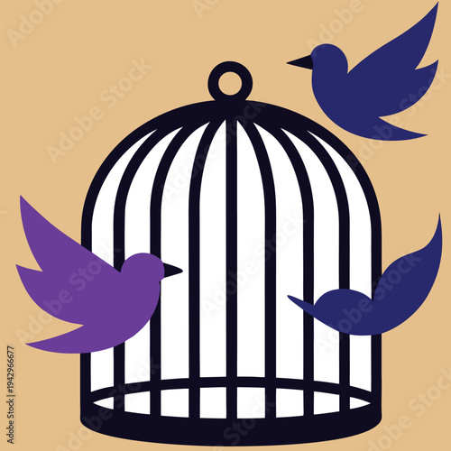 Stylized purple birds flying around wire cage on beige background showing freedom theme icon