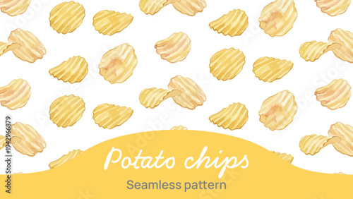 Watercolor-style crispy potato chips illustration, golden snack food, crinkle cut／ポテトチップス