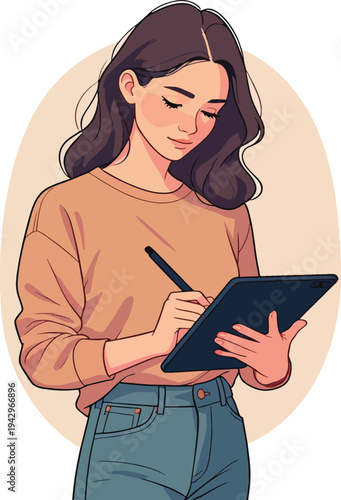 Illustrazione vettoriale di una persona che scrive o lavora su computer e tablet. Concetto di produttività, studio, lavoro digitale, tecnologia e creatività, adatto a progetti educativi, business e te