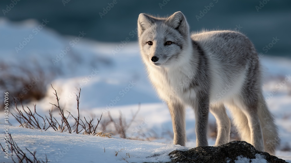Fototapeta premium Renard arctique aux poils gris et blanc debout sur la neige hivernale