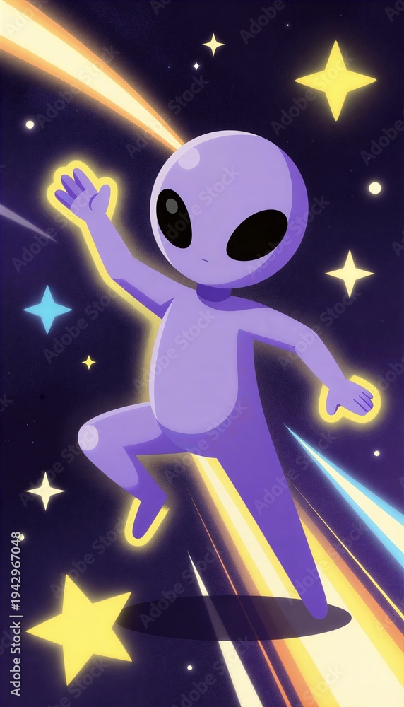 Fototapeta premium Purple Cartoon Alien Under Starry Sky
