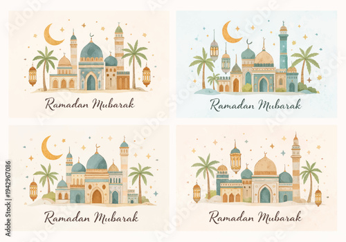 Ramadan Mubarak Greeting Card Set with Mosque, Crescent Moon, Lanterns and Palm Trees Pastel Islamic Vector Illustration