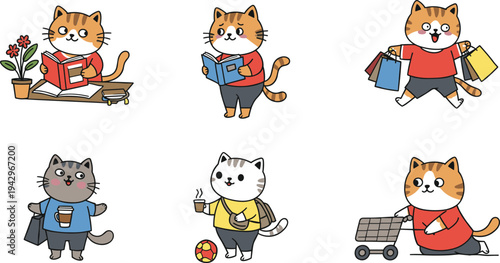 Cute Cartoon Cats in Daily Activities with Books, Coffee, Shopping, and Sports – Vector Illustration for Lifestyle, Whimsical, and Fun Themes