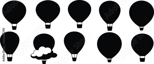Hot air balloon silhouettes collection, aerostat flying balloons set, adventure travel aviation icons, sky tourism symbol illustration isolated