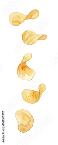 Watercolor-style crispy potato chips illustration, golden snack food, crinkle cut／ポテトチップス