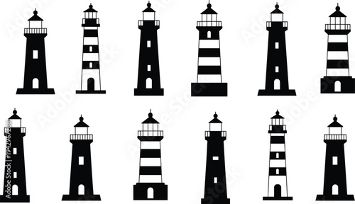 Lighthouse silhouettes collection, maritime navigation towers set, coastal beacon icons, sea safety symbols, nautical architecture vector illustration isolated