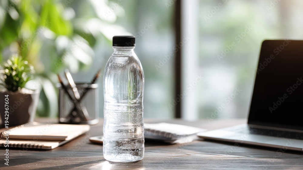 Obraz premium Clear plastic water bottle on wooden table with laptop, notepad, and plant in bright office environment featuring natural light and greenery in background
