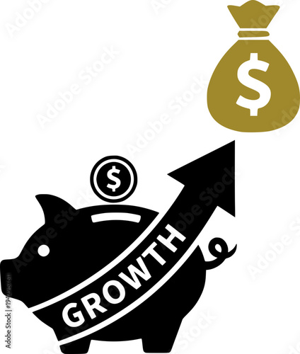 Piggy bank with an upward growth arrow pointing to a gold money bag. Vector illustration of financial success, savings strategy, investment return, and wealth accumulation.