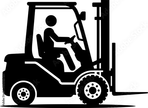 Silhouette of a forklift operator driving a lift truck. Vector illustration of warehouse logistics, industrial machinery, and freight transportation in a clean minimalist style.
