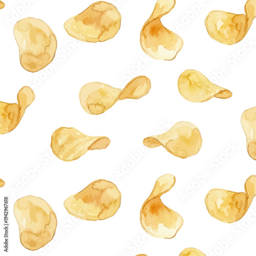 Watercolor-style crispy potato chips illustration, golden snack food, crinkle cut／ポテトチップス