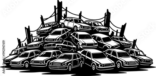 Pile of abandoned old cars in a junkyard. Vector illustration of a scrap yard, car recycling, environmental waste, and automotive industry decay in black and white style.