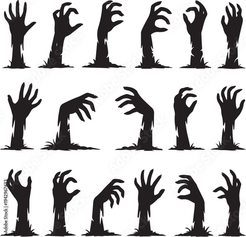 Collection of zombie hands emerging from the ground