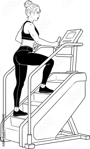 Athletic woman exercising on a stair climber machine at the gym. Vector illustration of cardio workout, fitness training, and healthy lifestyle in a minimalist line art style.
