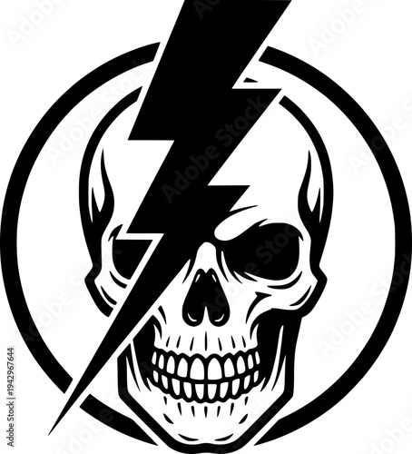 Human skull with a lightning bolt symbol in a circle. Vector illustration of death, electrical danger, power, and hardcore rock aesthetic. Black and white edgy emblem.