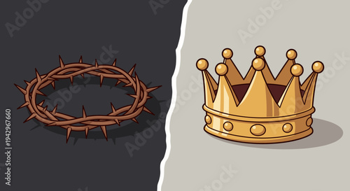A contrasting illustration of a thorny crown and a golden crown, depicted in a modern, flat style, suitable for design projects