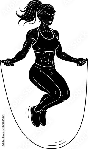 Silhouette of a muscular athletic woman jumping rope. Vector illustration of fitness training, cardio workout, and healthy lifestyle with a skipping rope.