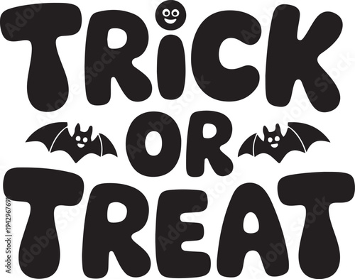Trick or Treat Halloween Text with Bats and Smiling Face