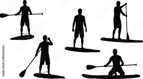 Black silhouette of people paddleboarding on water, men standing and kneeling on boards with paddles, summer outdoor water sport activity